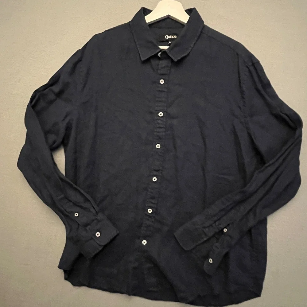 Quince Mens XL Navy Blue 100% European Linen Long Sleeve Button Down Shirt CMA01